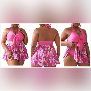Swim Lushoire Plus Sz 4X = 20W Butterfly Pattern Halter Ruffle Trim 2 Piece Suit